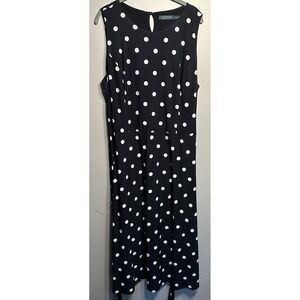 Lauren Ralph Lauren Dress Womens 18 Navy Polka Dot Belted Sleeveless Midi A Line
